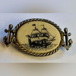 VTG PIN BROOCH FAUX SCRIMSHAW SAILING VESSEL SHIP BARGE Silver TONE Anchor Naval